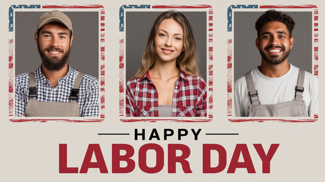 Happy Labor Day Celebration with Smiling Workers in Patriotic-Themed Frames Featuring Diverse Professionals in Overalls and Plaid