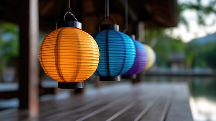 Fototapeta premium Colorful paper lanterns hanging from a wooden gazebo