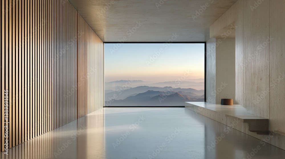 Poster modern minimalist architecture,modern architectural interior with mountain view at dawn highlighting