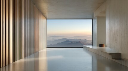 Obraz premium Modern Minimalist Architecture,Modern architectural interior with mountain view at dawn highlighting minimal design elements