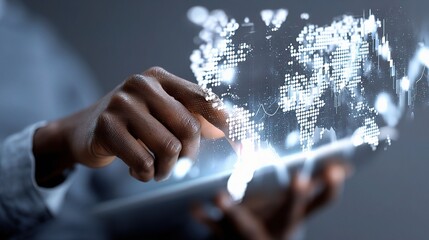 Businessman Using Tablet to Analyze Forex Markets with Global Map