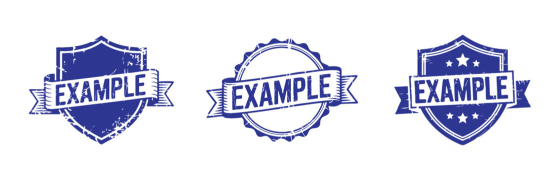 Blue Vintage Example Stamp, Shield Badges with Ribbon and Stars for Branding Design
