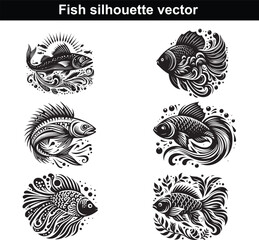 Vector illustration set of tribal tattoo designs and decorative elements featuring fish, peacock, and floral ornaments in black ink