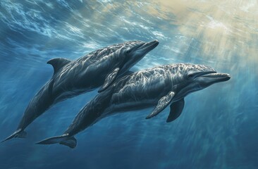 Fototapeta premium gray dolphins swimming in blue water