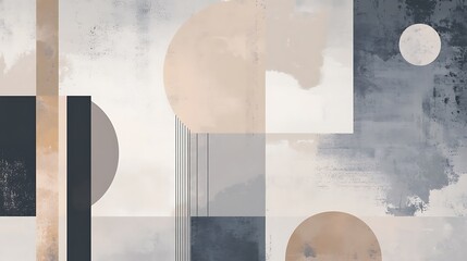 Abstract geometric shapes, muted tones, textured background.