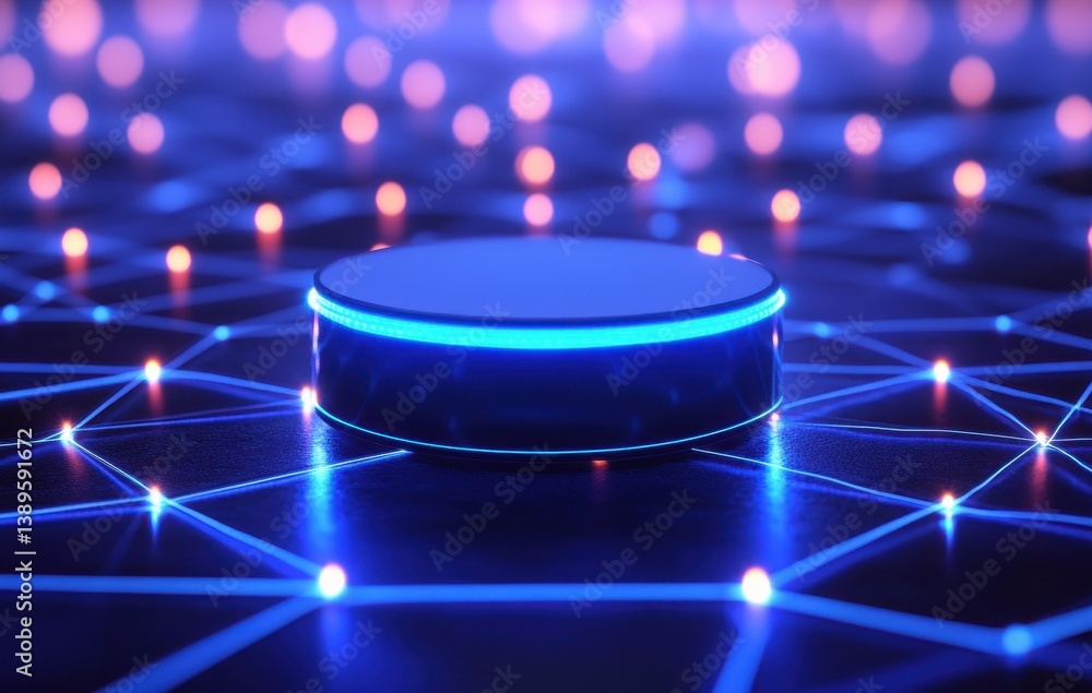Poster abstract artificial intelligence concept with glowing nodes and blue light ring displaying technolog