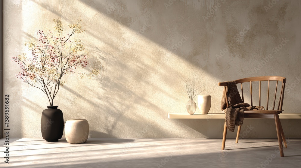 Poster modern minimalist architecture,minimalist wooden table with palm leaf shadows on beige background fo
