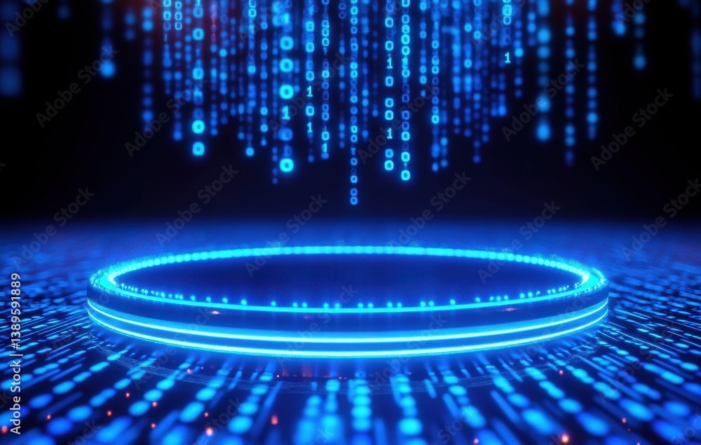 Leinwandbilder Abstract Blue Digital Matrix Binary Rain with Circular Platform for Product Showcase on Dark Background in Futuristic Cyber Technology