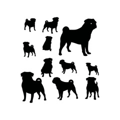 Naklejka premium A black and white vector silhouette of a bulldog puppy with floppy ears and a playful stance on a white background