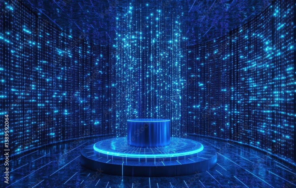 Aufkleber abstract blue futuristic data stream background with glowing light and circular podium for presentat