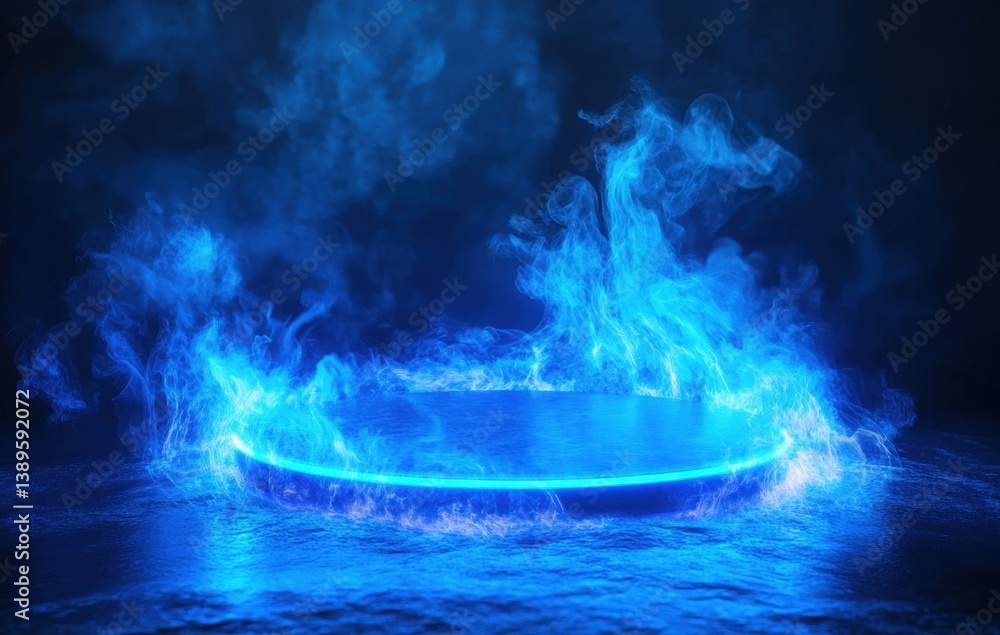 Aufkleber abstract blue energy circle with flowing particles and swirling smoke on dark background for modern 