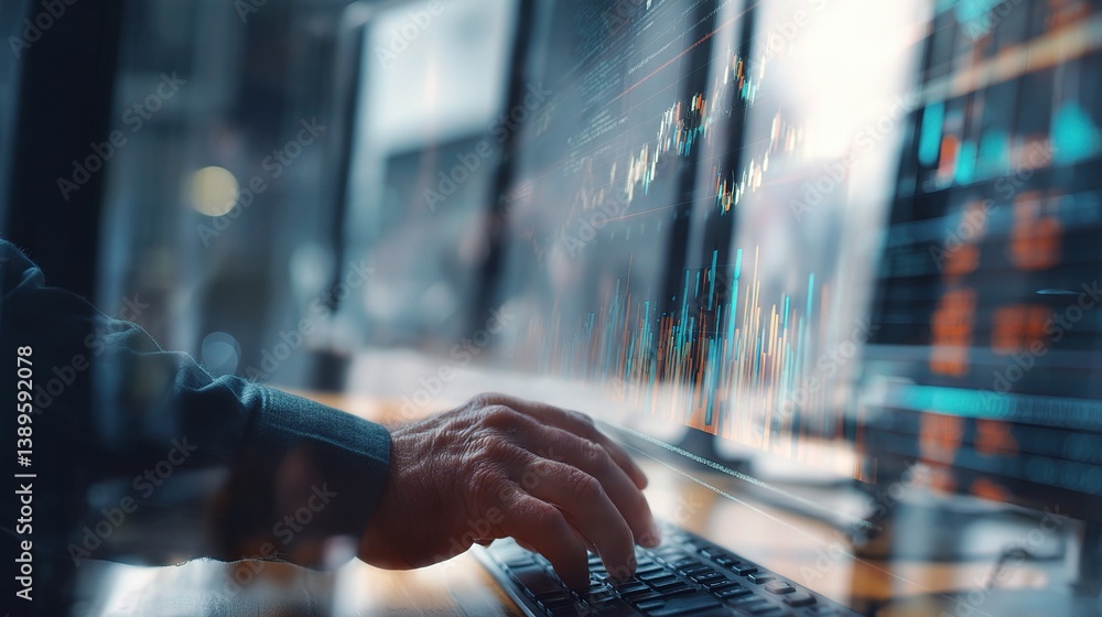 Poster businessman hands working with digital data on computer screens