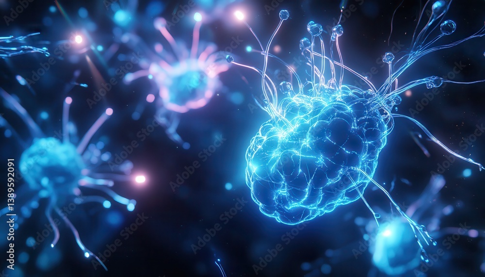 Poster abstract blue glowing dots connected by lines in a network with a dark background futuristic digital