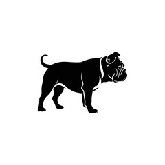 Obraz premium A black and white vector silhouette of a bulldog puppy sitting with a curious expression on a white background