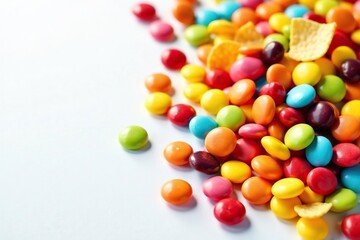Obraz premium Pile of colorful candy, chips, and soda on white , photography, unhealthy