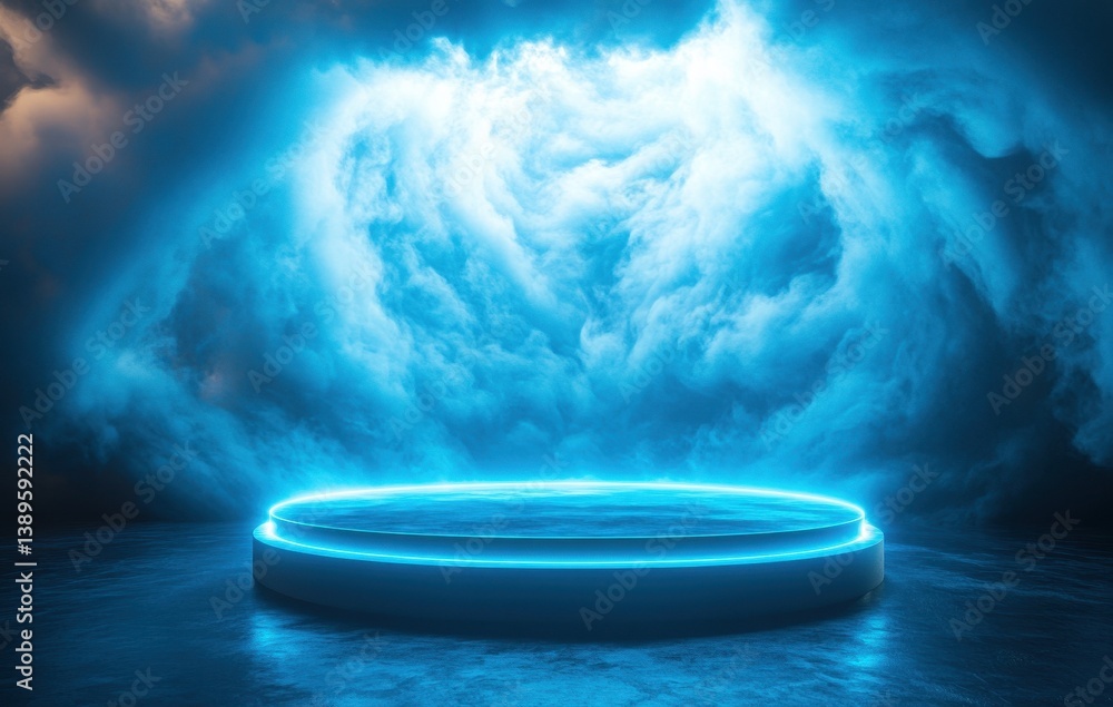 Poster Abstract Blue Neon Podium Stage Illuminated by Cloud and Smoke Dramatic Backdrop for Futuristic Product Display and Modern Presentation in Digital Art