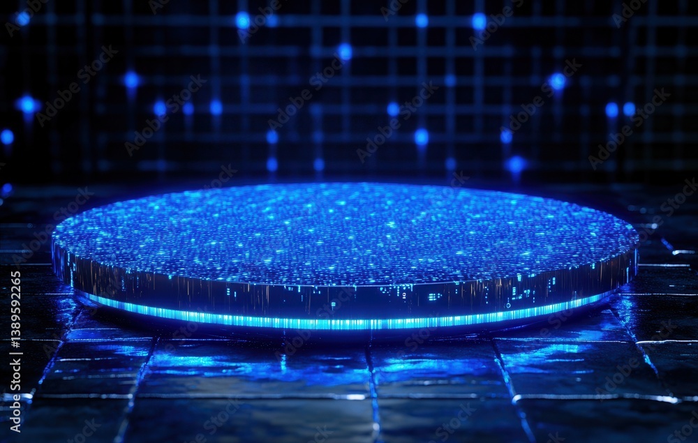 Poster abstract blue platform stage podium with glowing cyber grid background and modern metallic surface f