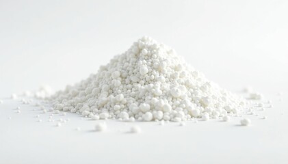 Pile of white granulated sugar on white background, sugar, frosting, healthy