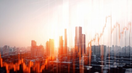 Obraz premium Urban Cityscape with Financial Growth and Rising Trends at Sunrise
