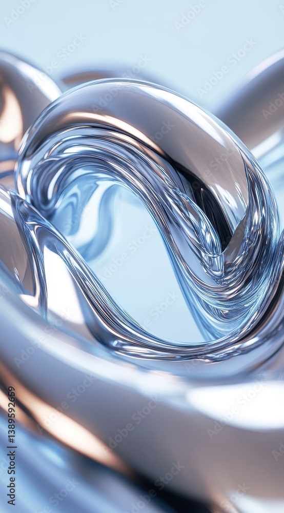 Poster abstract chrome metal swirl with reflections and smooth surface in a cool tone 3d rendering