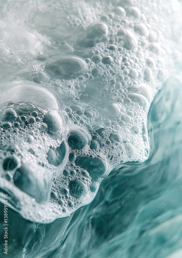 Poster abstract close up of turquoise water with bubbles and foam texture with macro details dynamic motion