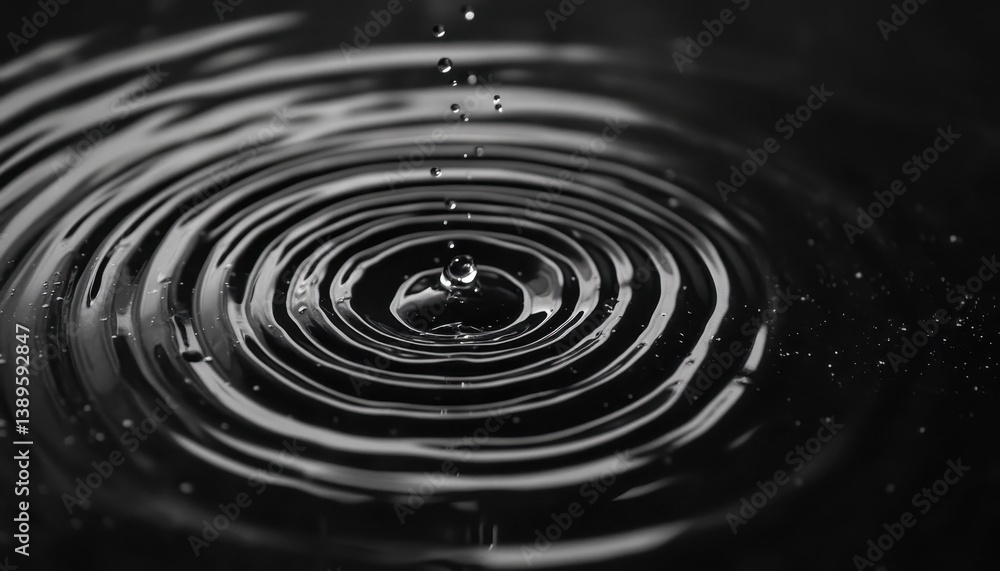 Aufkleber Abstract Close Up of Water Droplet Impact with Circular Ripples on Dark Water Surface Creates Dynamic and Circular Patterns in Monochrome with Minimal Reflection