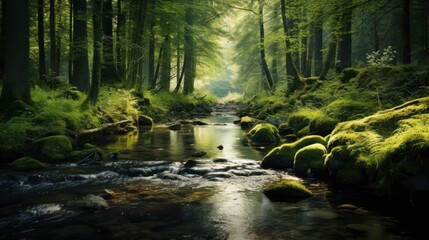 Obraz premium Beautiful spring forest flowing rocky river water in mountain forest