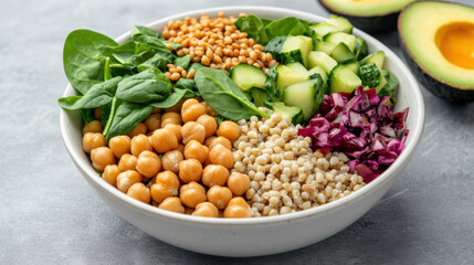 vibrant protein rich salad bowl featuring chickpeas, farro, spinach, and fresh vegetables