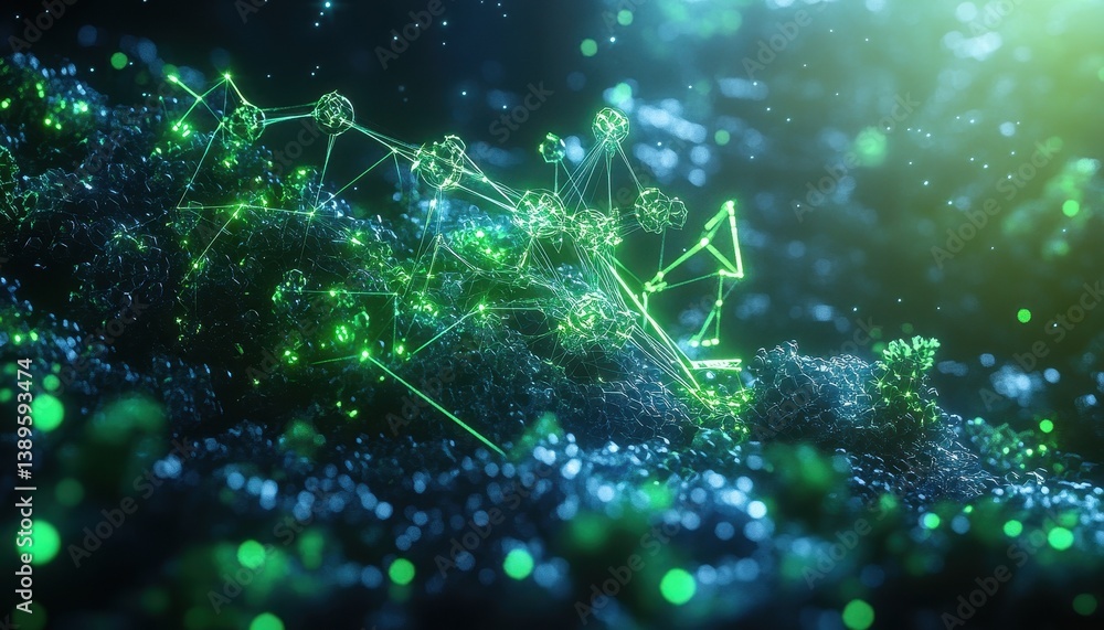 Poster Abstract Digital Network with Glowing Green and Blue Elements on Dark Background Creates a Futuristic Science and Technology Concept