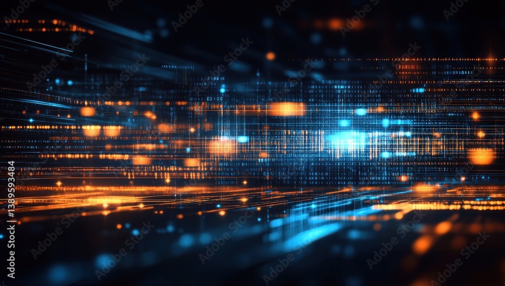 Poster abstract digital grid with blue and orange glowing dots and lines futuristic data stream visuals and