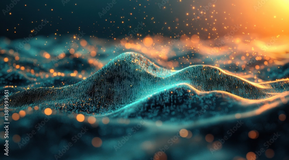 Aufkleber Abstract Digital Wave of Particles with Glowing Lights on Dark Background Futuristic Motion Graphic Element with Dynamic Energy Flow