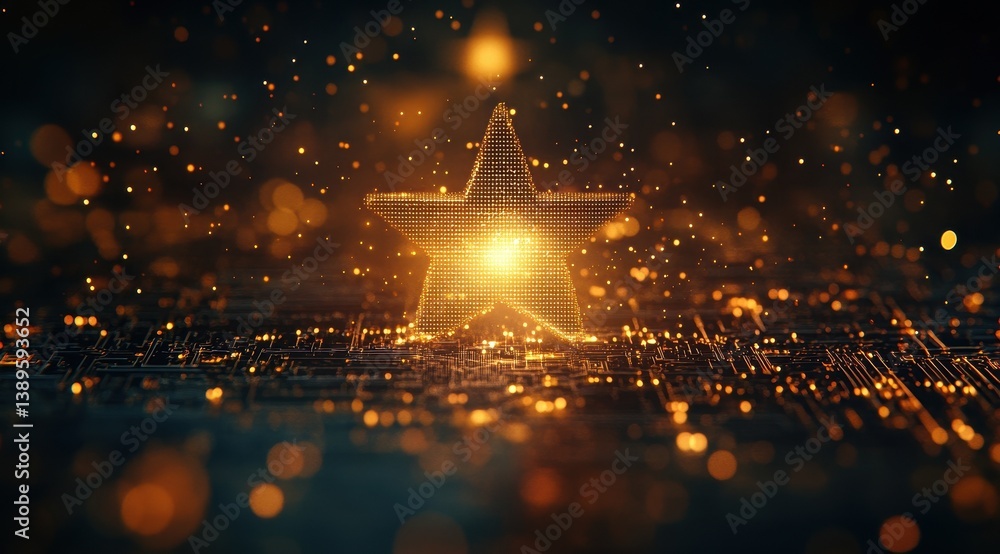 Poster Abstract Digital Technology Network with Glowing Star Shape in Dark Orange and Yellow Futuristic Artificial Intelligence System