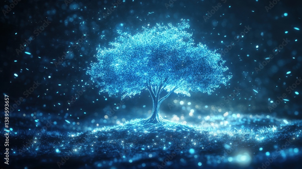 Poster Abstract Digital Tree Glowing with Blue Particles on Dark Background Fantasy Style Art Tree Of Digital Age Concept and Connection to Nature