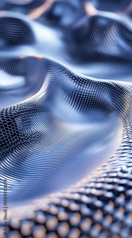 Poster Abstract Digital Surface with Wavy Grid Pattern in Blue Color Scheme and Light Reflection Showing Modern Technological Texture