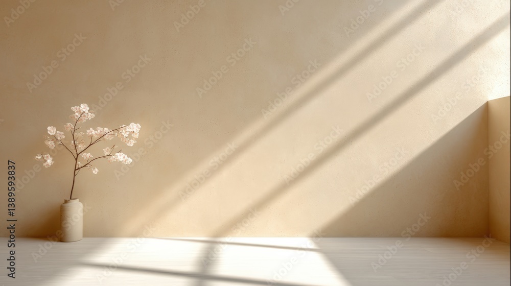 Poster modern minimalist architecture,minimalist wooden table with palm leaf shadows on beige background fo
