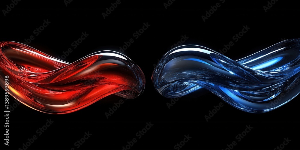 Leinwandbilder Abstract Flowing Metallic Shapes in Red and Blue Against Black Background Dynamic and Fluid Design with Shiny Surface Reflective Light and Modern Style Art