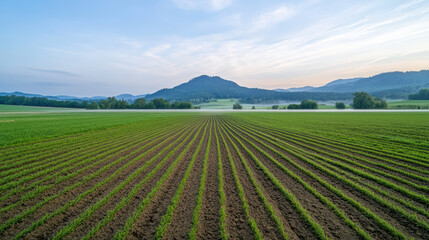 serene sunrise over lush green field with rows of crops and distant mountains