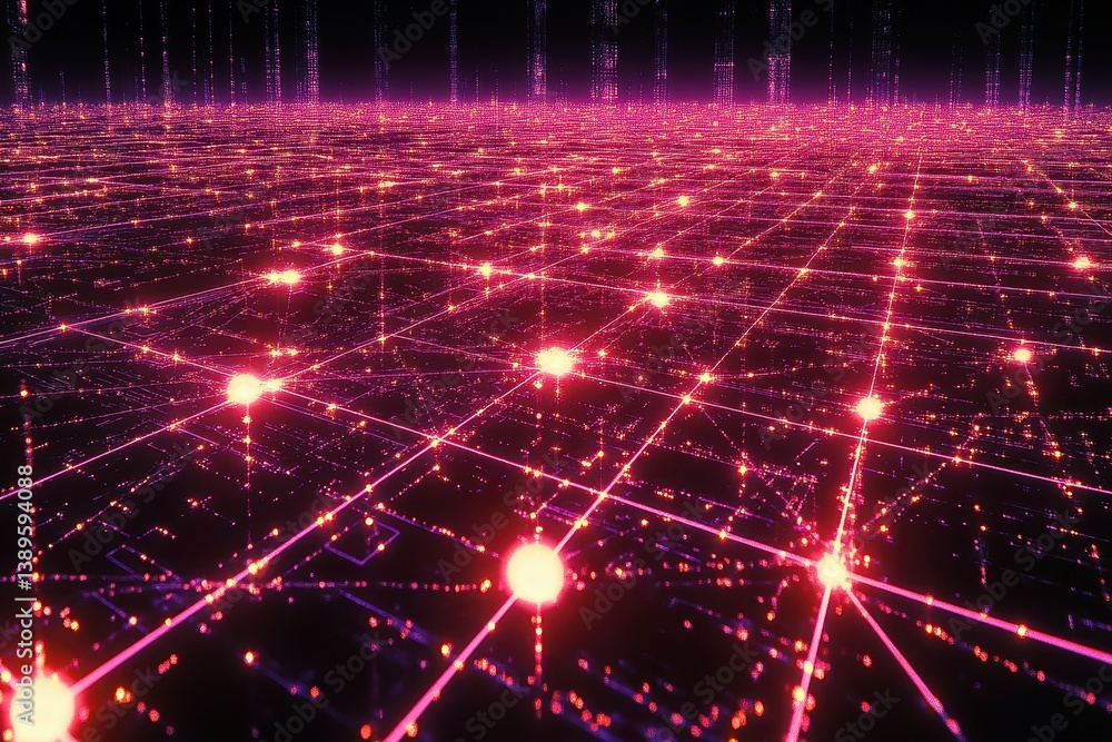 Poster abstract futuristic glowing network background with magenta lines and dots digital texture and geome