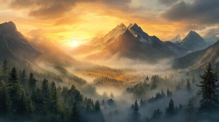 Obraz premium Vector illustration of a mountain landscape with fog, forest, and sunrise/sunset