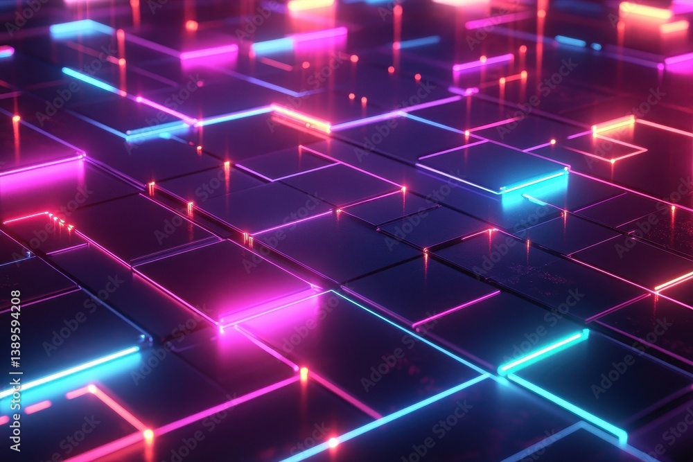 Poster Abstract Geometric Background with Glowing Neon Lines and Rectangular Blocks in Pink and Blue Tones with Modern Futuristic Design Perfect for Technology Concepts