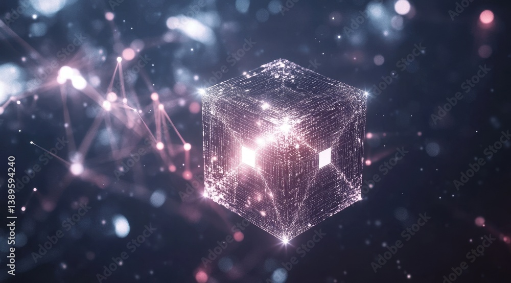 Poster Abstract Geometric Cube Network on Dark Background with Glowing Lights Dots and Lines for Digital Data Connection and Futuristic Technology Concept