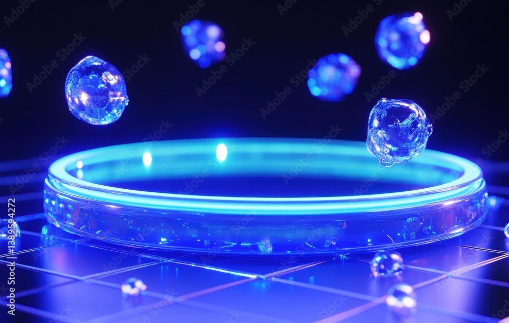 Poster Abstract Geometric Design with Glowing Blue Ring and Spheres on Grid Background Futuristic 3D Render