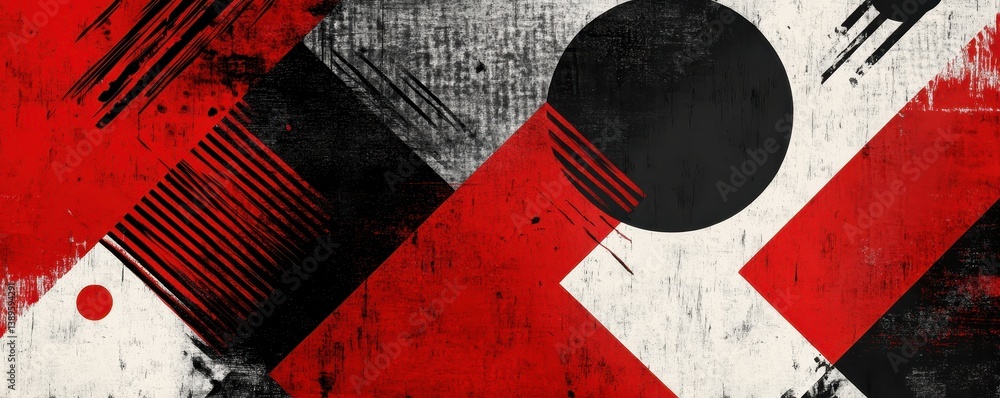 Aufkleber Abstract Geometric Design with Red Black and White Palette Featuring Grunge Texture and Diagonal Elements Modern Art Background with Circular and Squared Shapes