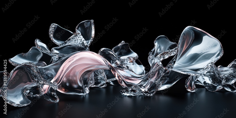 Poster Abstract Glass Shards in Dark Ambiance with Clear and Shiny Textures Modern Design Element Crystal Object on Black Backdrop Geometric Shapes Art Concept with Luxurious Reflections