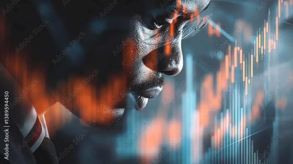 Poster professional trader analyzing market trends with double exposure effect