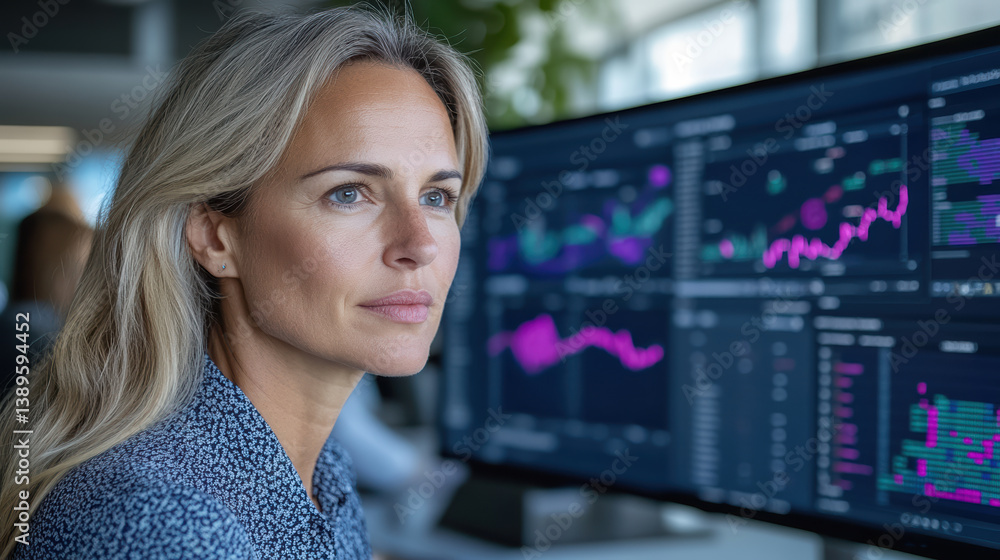 Poster professional woman analyzing data on computer screen, focused on graphs and charts