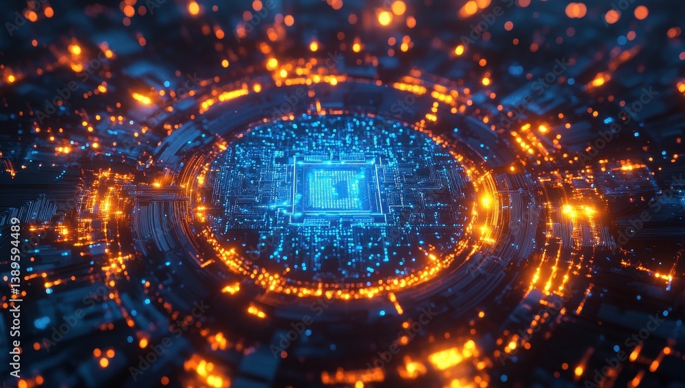 Aufkleber Abstract Glowing Blue and Orange Digital Network Connection Data Transmission Artificial Intelligence Concept