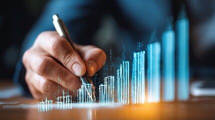 Businessman Writing on Virtual Screen with Data Visualization Elements
