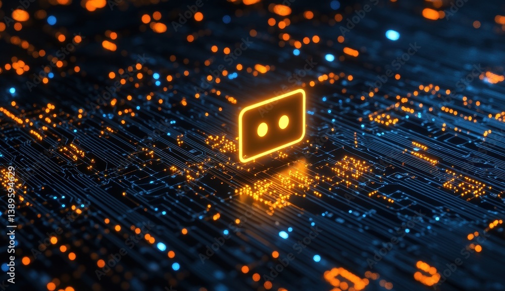 Aufkleber Abstract Glowing Circuit Board Background with Digital Square Symbol Highlighting Futuristic Cyber Technology in Blue and Orange Colors