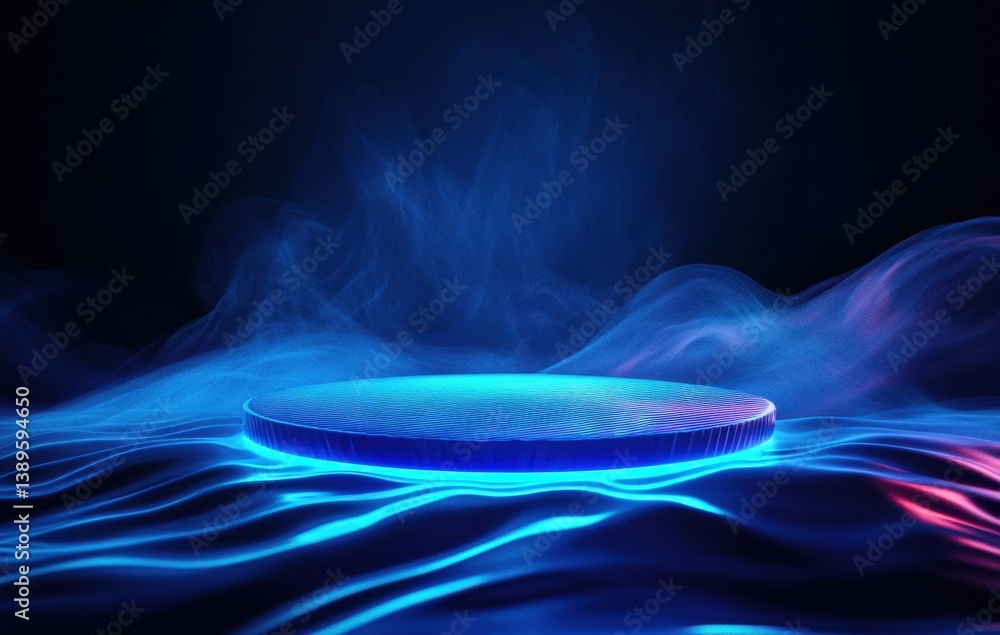 Aufkleber abstract glowing digital podium platform with blue light and wavy surface for futuristic technologic